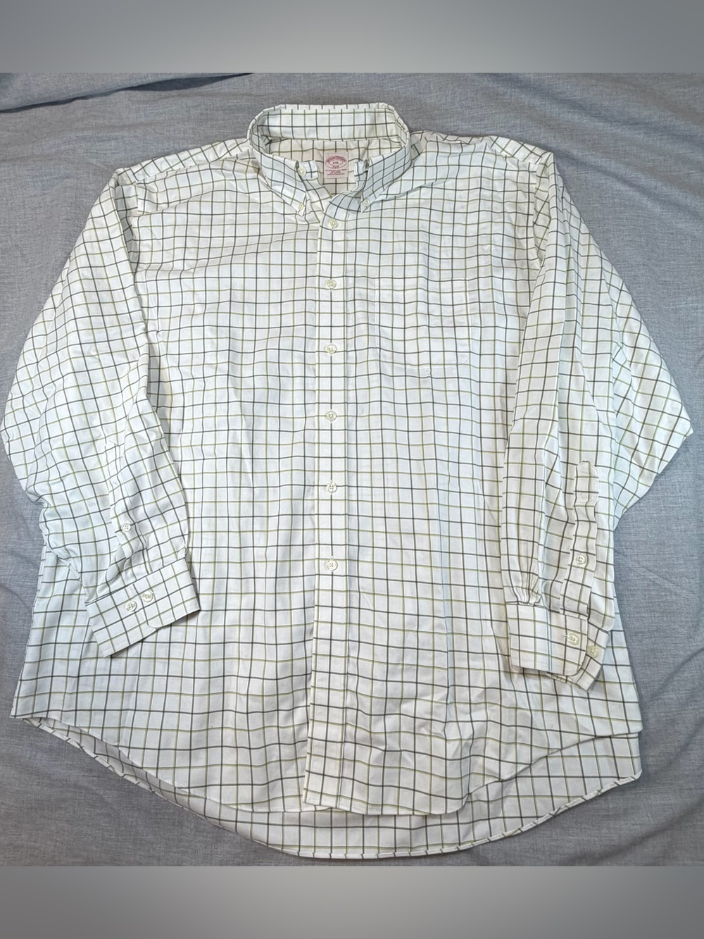 Brooks Brothers White Button-Down Shirt with Green Windowpane